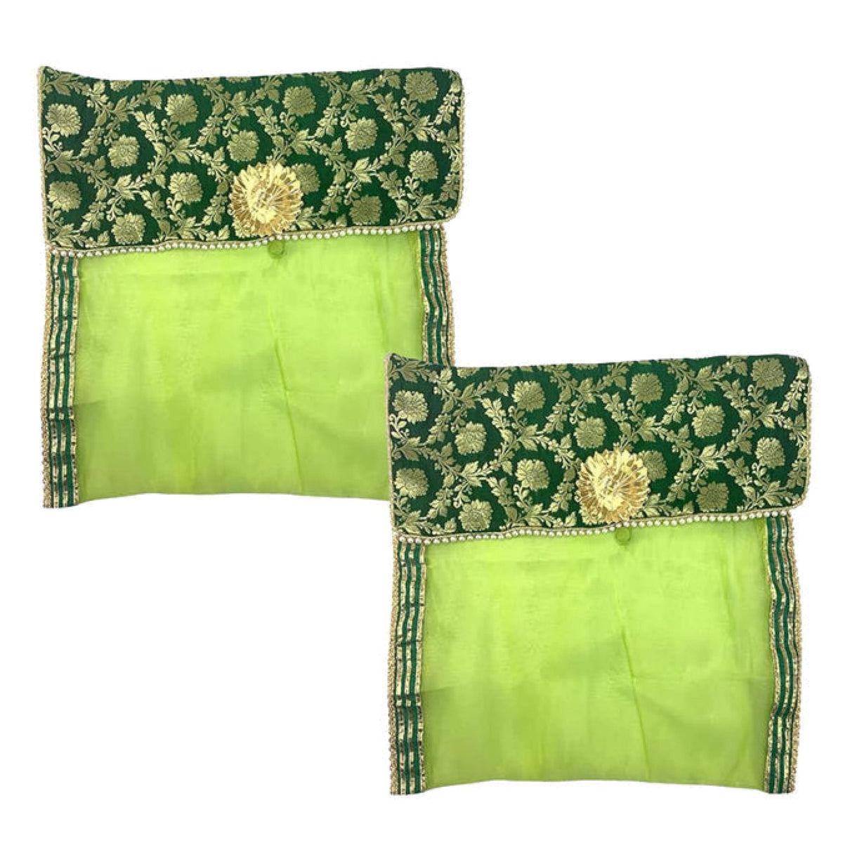 Green embroidered fabric saree covers with gold floral detailing and pearl trim for wardrobe and travel storage