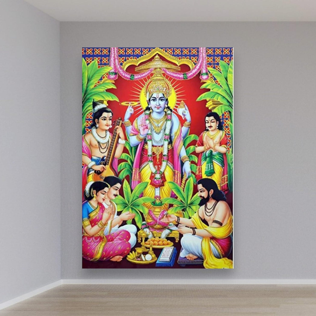 Satyanarayana Cloth Banner Backdrop 5x8ft Hindu God Wallpaper Home Room Wall Decor Photo Studio Booth Props Traditional Pooja Backdrop Housewarming Decoration Wall Banner - LoveNspire