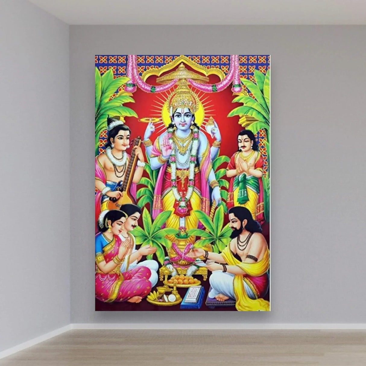 Satyanarayana Cloth Banner Backdrop 5x8ft Hindu God Wallpaper Home Room Wall Decor Photo Studio Booth Props Traditional Pooja Backdrop Housewarming Decoration Wall Banner - LoveNspire