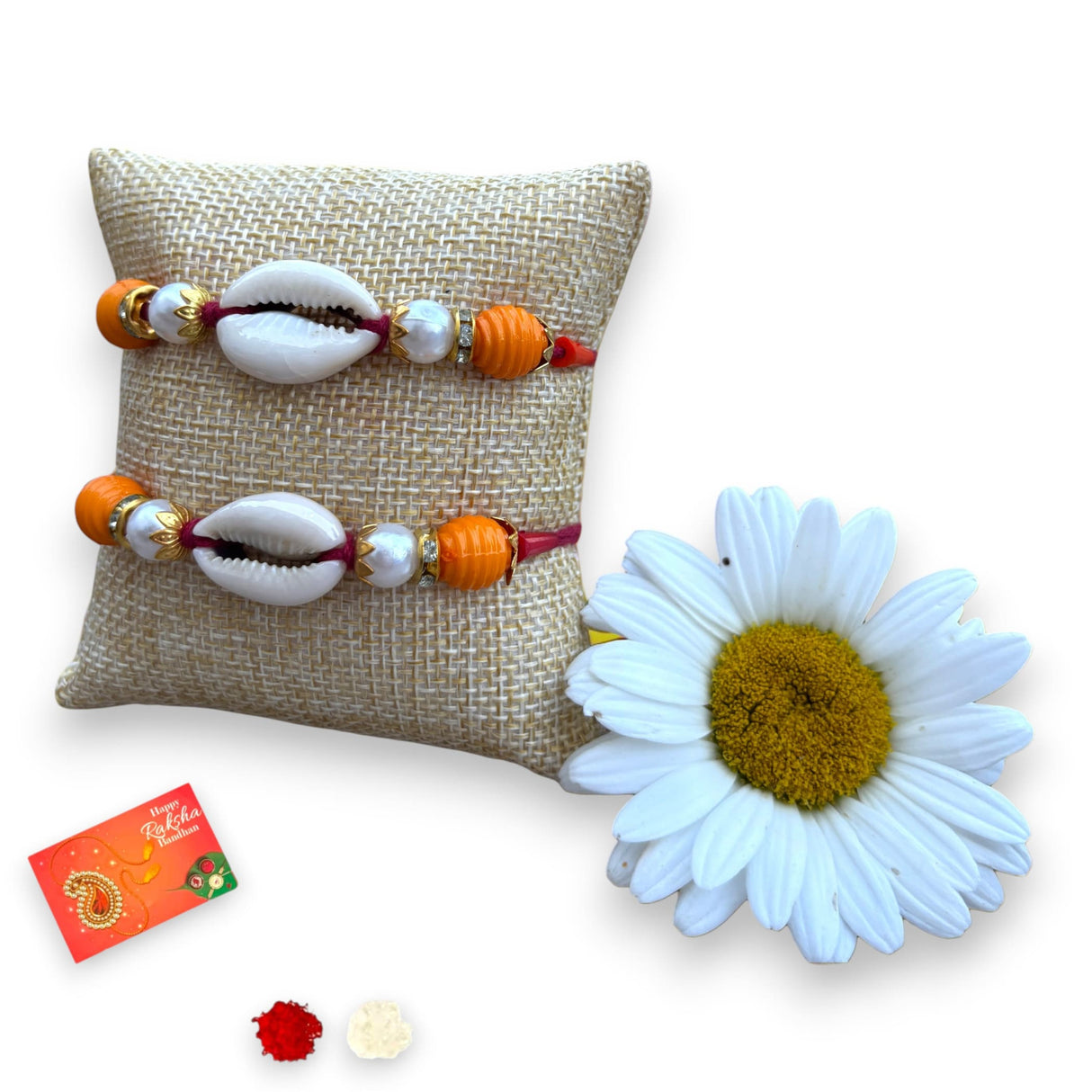 Rakhi For Brother Set Of 2 Shell Rakhi Bhaiya Bhabhi Bracelet on Festival of Raksha Bandhan - Roli Chawal Greeting Card Rakhshabandhan Gifts - LoveNspire