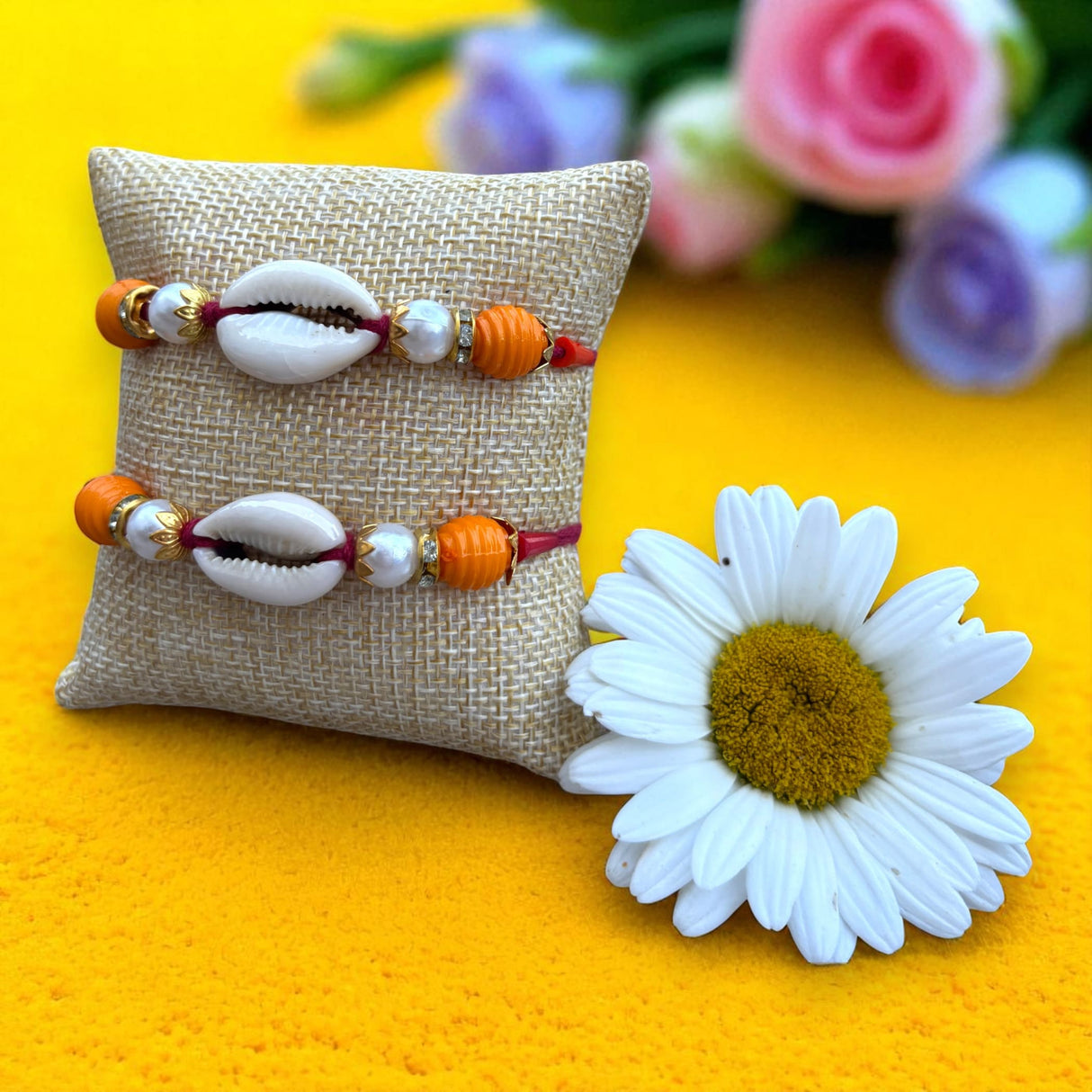 Rakhi For Brother Set Of 2 Shell Rakhi Bhaiya Bhabhi Bracelet on Festival of Raksha Bandhan - Roli Chawal Greeting Card Rakhshabandhan Gifts - LoveNspire