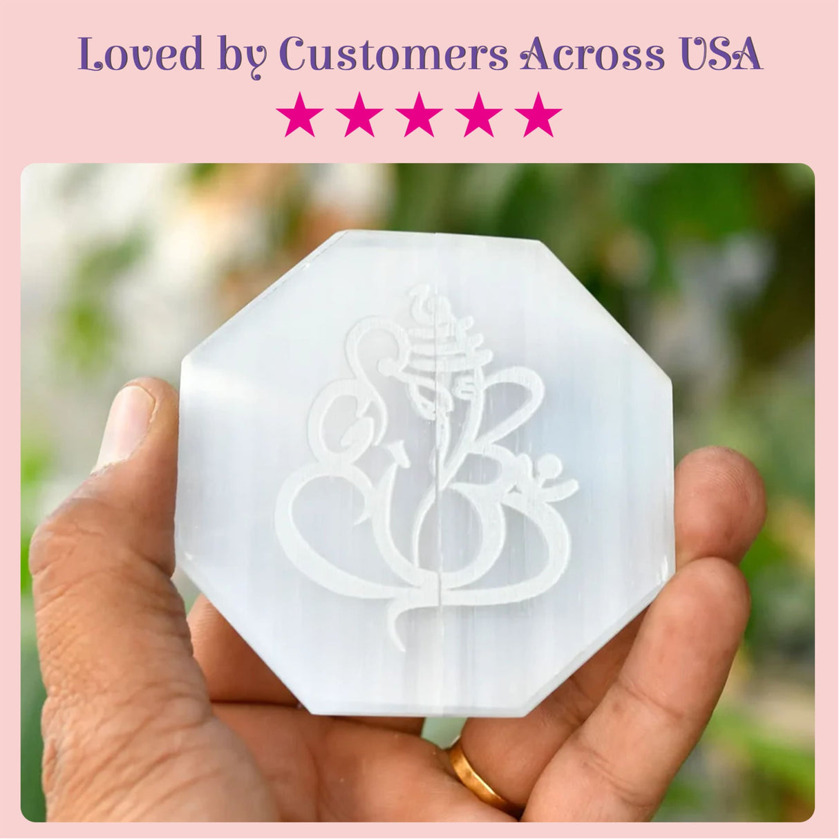 White translucent octagonal silicone mold with intricate ganesha design for selenite charging plate engraving