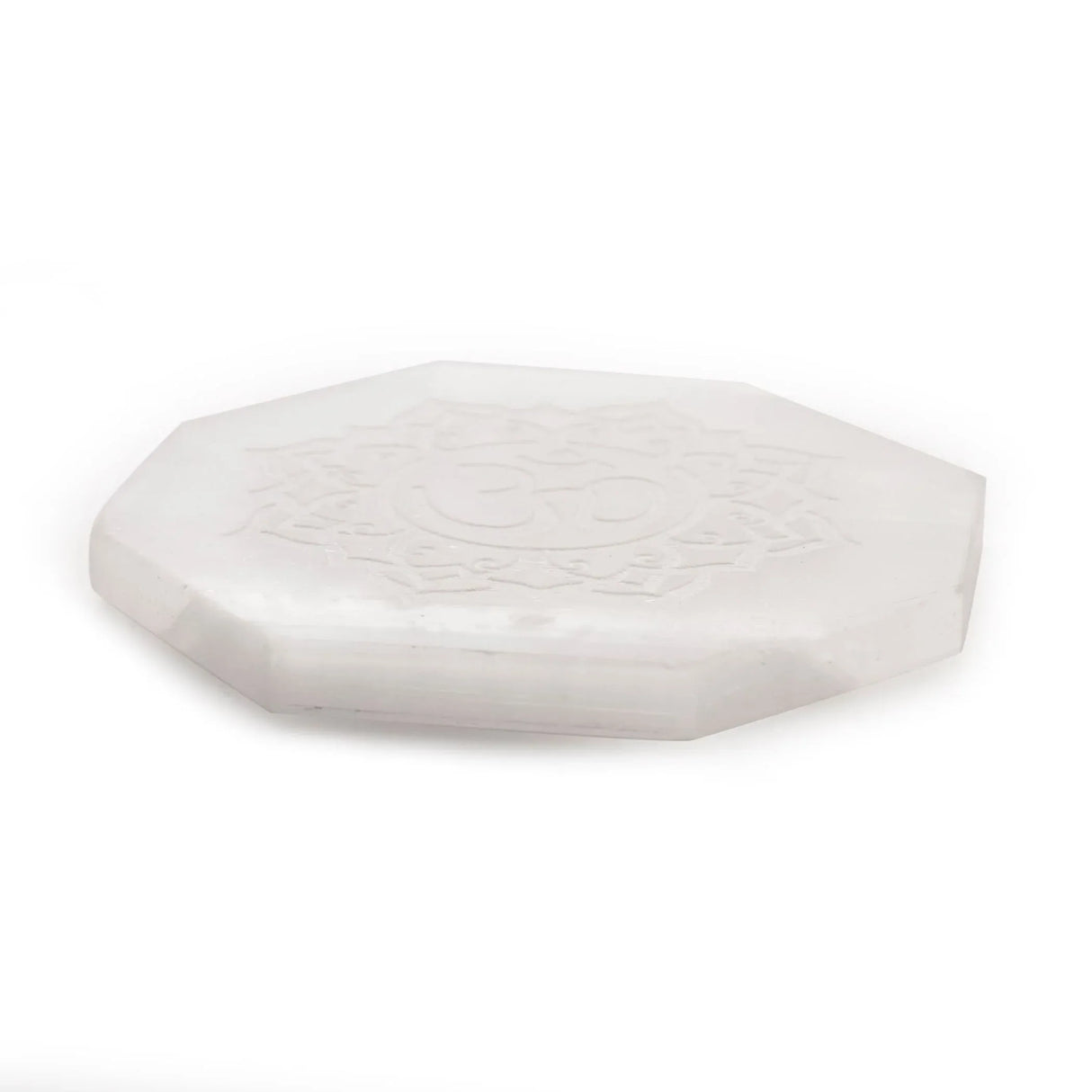 Selenite Charging Plate for Crystals and Healing Stones Engraves Flower Of Life Buddha Om Ganesha 7 Chakra Coaster 3" Selenite Crystal Plate for Home Office Table Decor - Round Disc Plate - LoveNspire