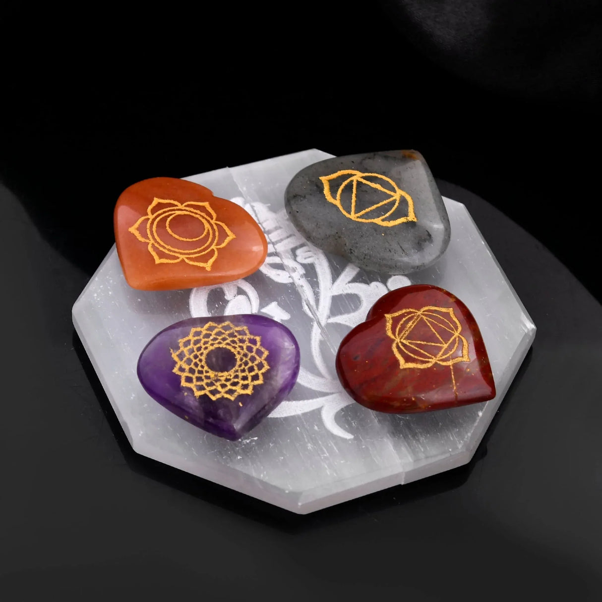 Selenite Charging Plate for Crystals and Healing Stones Engraves Flower Of Life Buddha Om Ganesha 7 Chakra Coaster 3" Selenite Crystal Plate for Home Office Table Decor - Round Disc Plate - LoveNspire