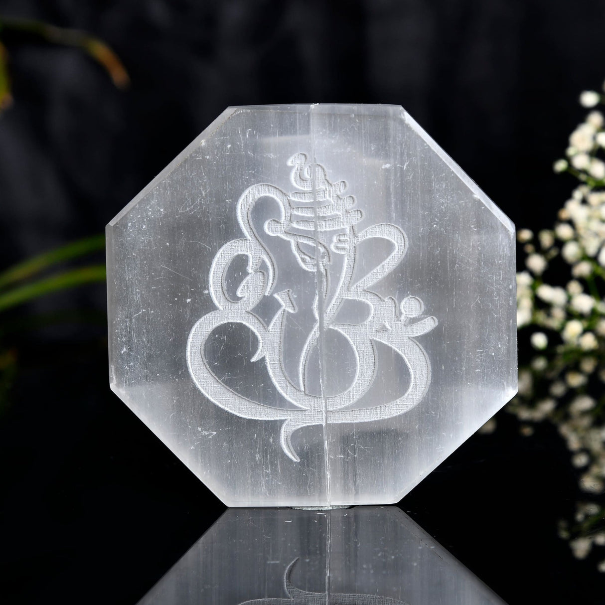 Octagonal Selenite Plate with Ganesha engraving for crystal charging and home decor
