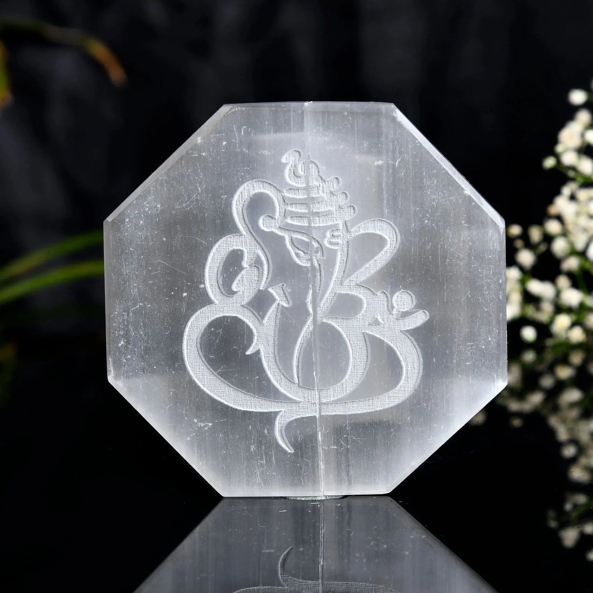 Selenite Charging Plate for Crystals and Healing Stones Engraves Flower Of Life Buddha Om Ganesha 7 Chakra Coaster 3" Selenite Crystal Plate for Home Office Table Decor - Round Disc Plate - LoveNspire