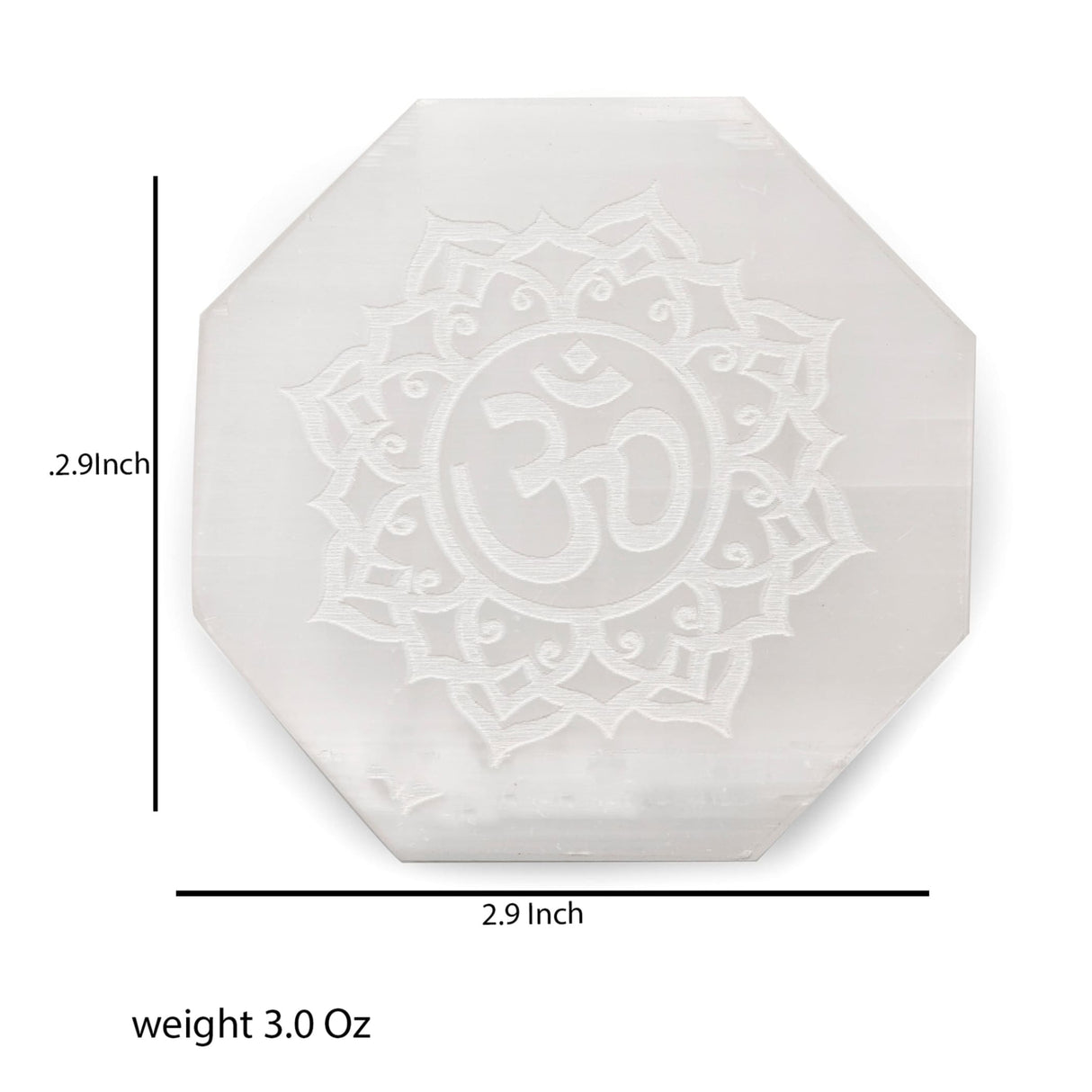 Octagonal Selenite Plate with Om symbol for crystal charging and spiritual decor