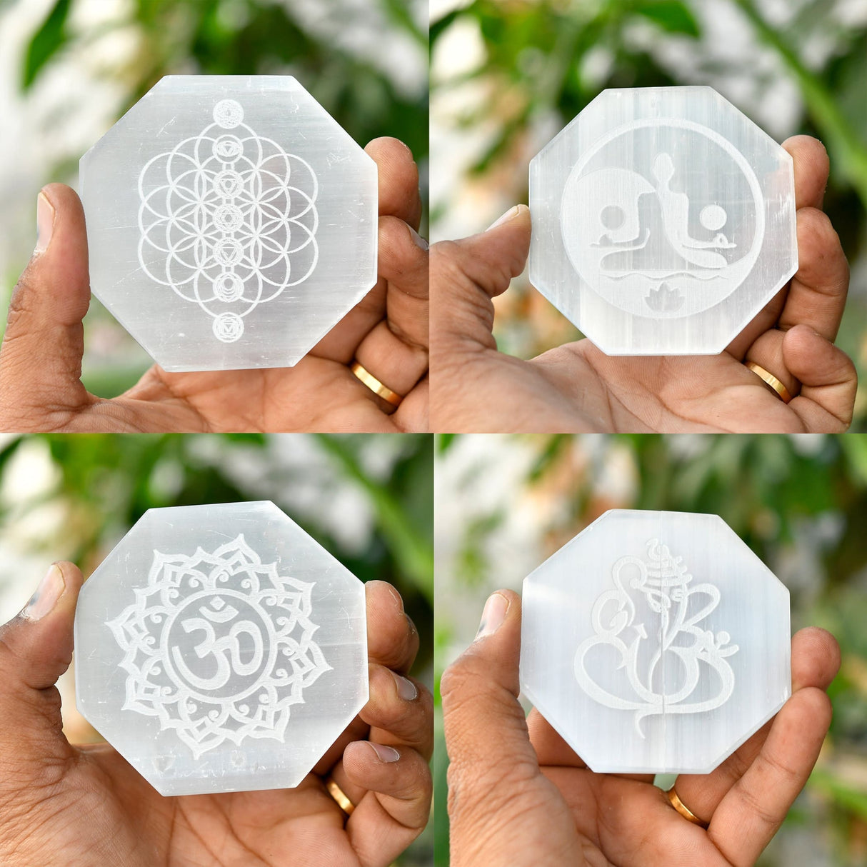 Octagonal Selenite plates engraved with spiritual symbols including Flower of Life, Buddha, Om, Ganesha, and Chakra designs