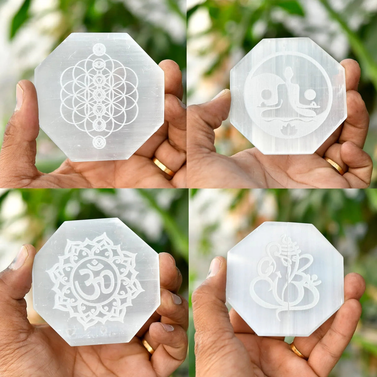 Selenite Charging Plate for Crystals and Healing Stones Engraves Flower Of Life Buddha Om Ganesha 7 Chakra Coaster 3" Selenite Crystal Plate for Home Office Table Decor - Round Disc Plate - LoveNspire