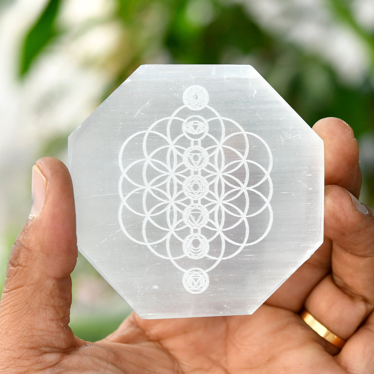 Octagonal selenite plate with geometric design for crystal charging and healing decor
