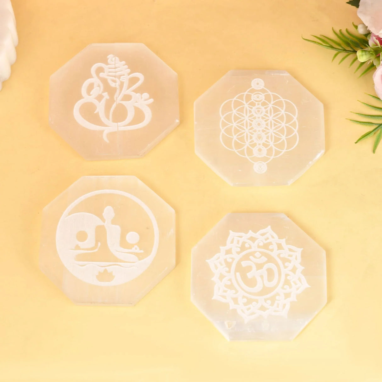 Selenite Charging Plate for Crystals and Healing Stones Engraves Flower Of Life Buddha Om Ganesha 7 Chakra Coaster 3" Selenite Crystal Plate for Home Office Table Decor - Round Disc Plate - LoveNspire