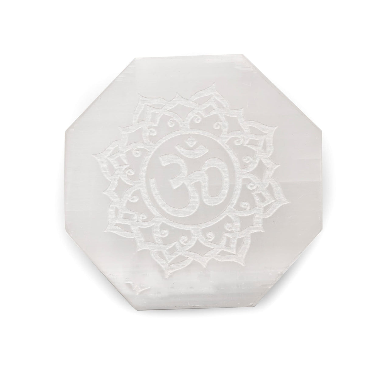 Octagonal Selenite plate with Om symbol for crystal charging and spiritual decor
