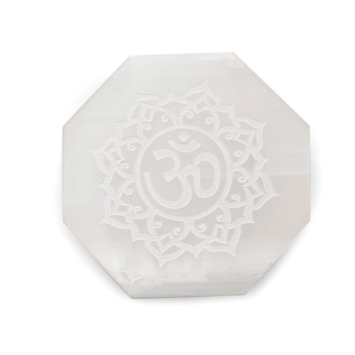 Selenite Charging Plate for Crystals and Healing Stones Engraves Flower Of Life Buddha Om Ganesha 7 Chakra Coaster 3" Selenite Crystal Plate for Home Office Table Decor - Round Disc Plate - LoveNspire