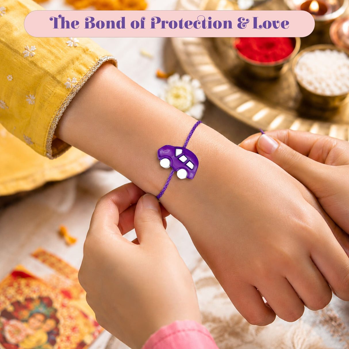 Purple car-shaped rakhi with white circular details tied on wrist cute cartoon car rakhi bracelet for brother gift