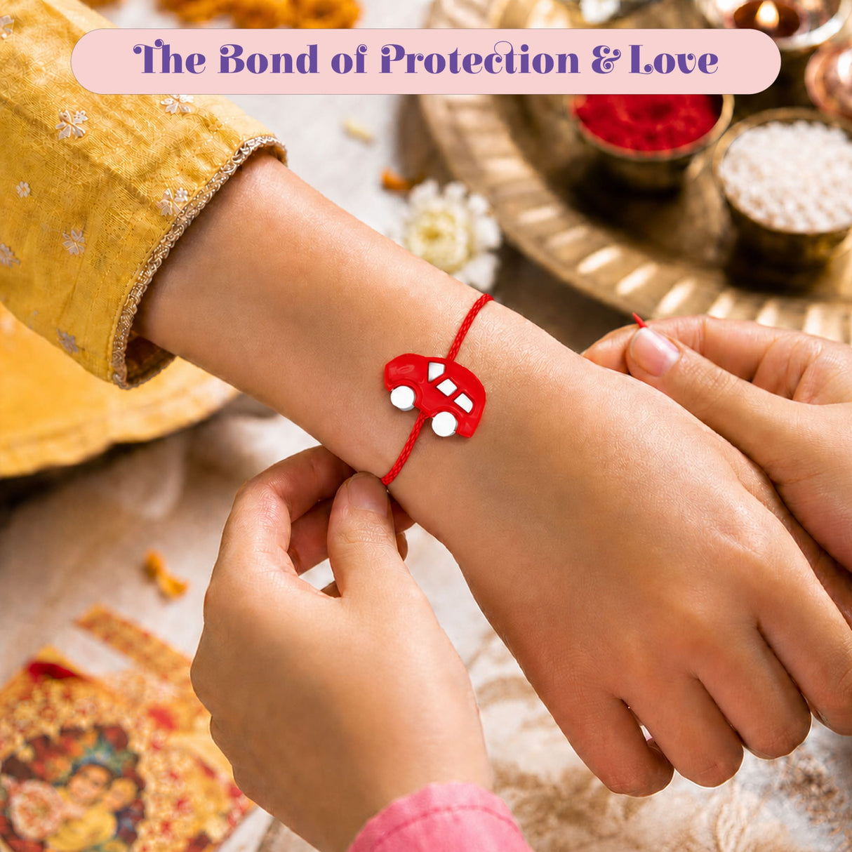 A vibrant red car-shaped rakhi with white circular details on a wrist, cute cartoon car rakhi bracelet for brother