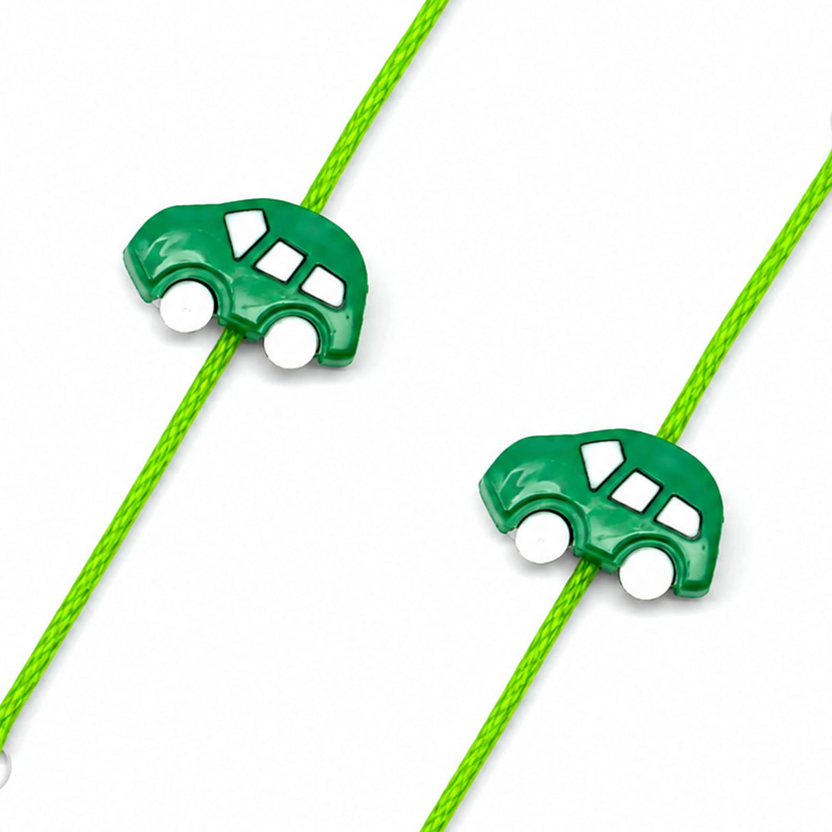 Cute cartoon car rakhi bracelet set with green car-shaped charms and bright green cords for brother raksha bandhan gift