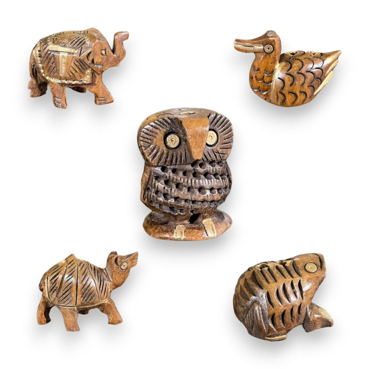 Set of 5 Wooden Animal Handmade Showpiece, Elephant, Duck, Owl, Frog & Camel - LoveNspire
