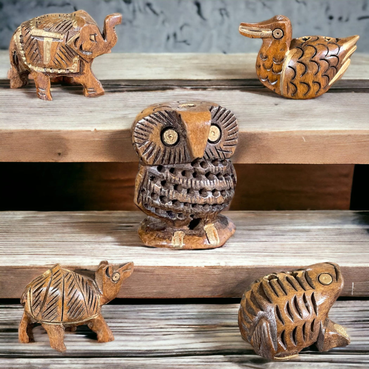 Set of 5 Wooden Animal Handmade Showpiece, Elephant, Duck, Owl, Frog & Camel - LoveNspire