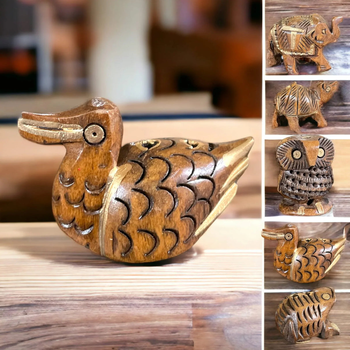Set of 5 Wooden Animal Handmade Showpiece, Elephant, Duck, Owl, Frog & Camel - LoveNspire
