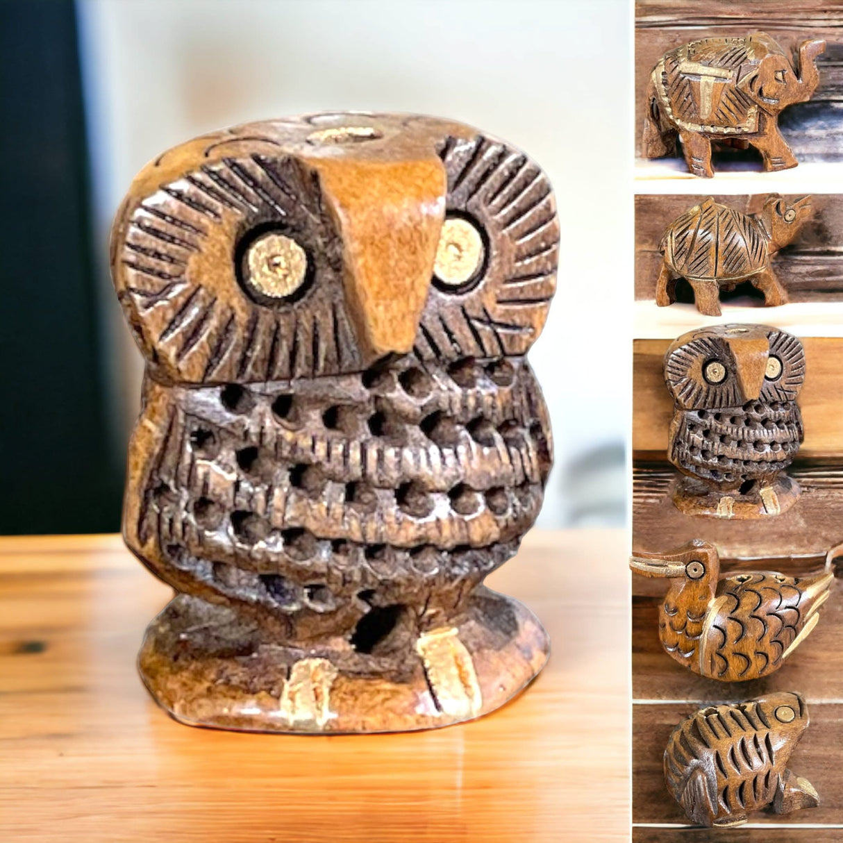 Set of 5 Wooden Animal Handmade Showpiece, Elephant, Duck, Owl, Frog & Camel - LoveNspire