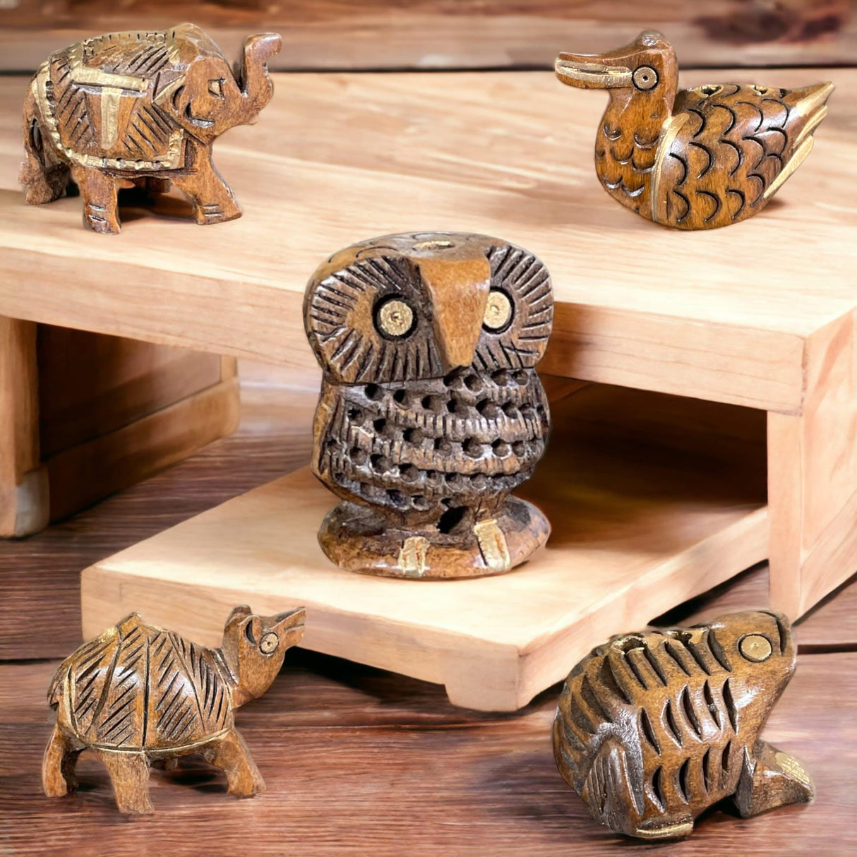 Set of 5 Wooden Animal Handmade Showpiece, Elephant, Duck, Owl, Frog & Camel - LoveNspire