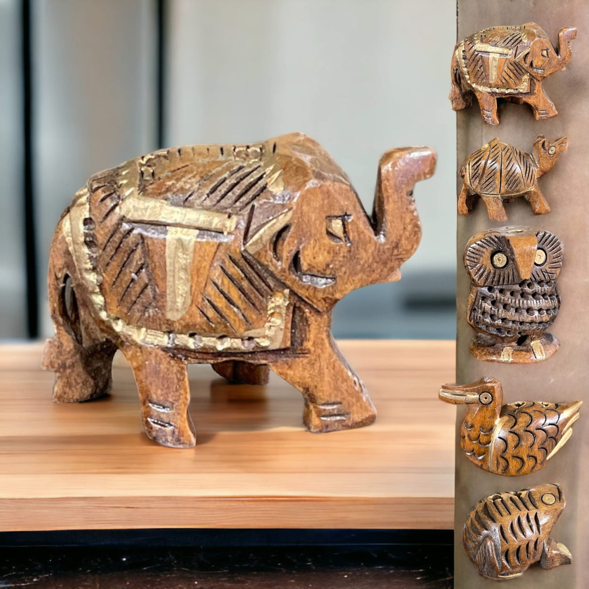 Set of 5 Wooden Animal Handmade Showpiece, Elephant, Duck, Owl, Frog & Camel - LoveNspire