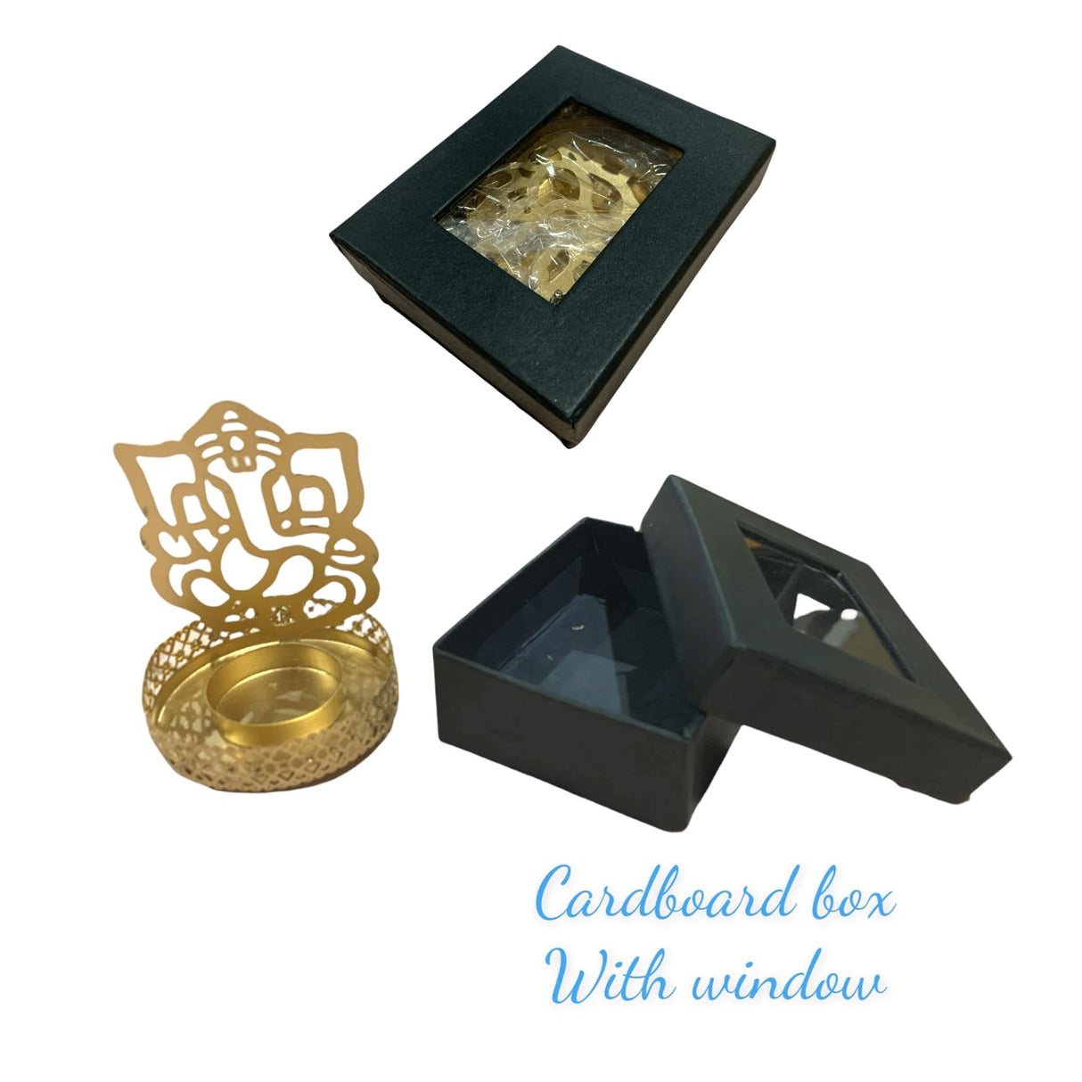 Dark cardboard boxes with clear windows and a golden Ganesha-shaped tea light holder