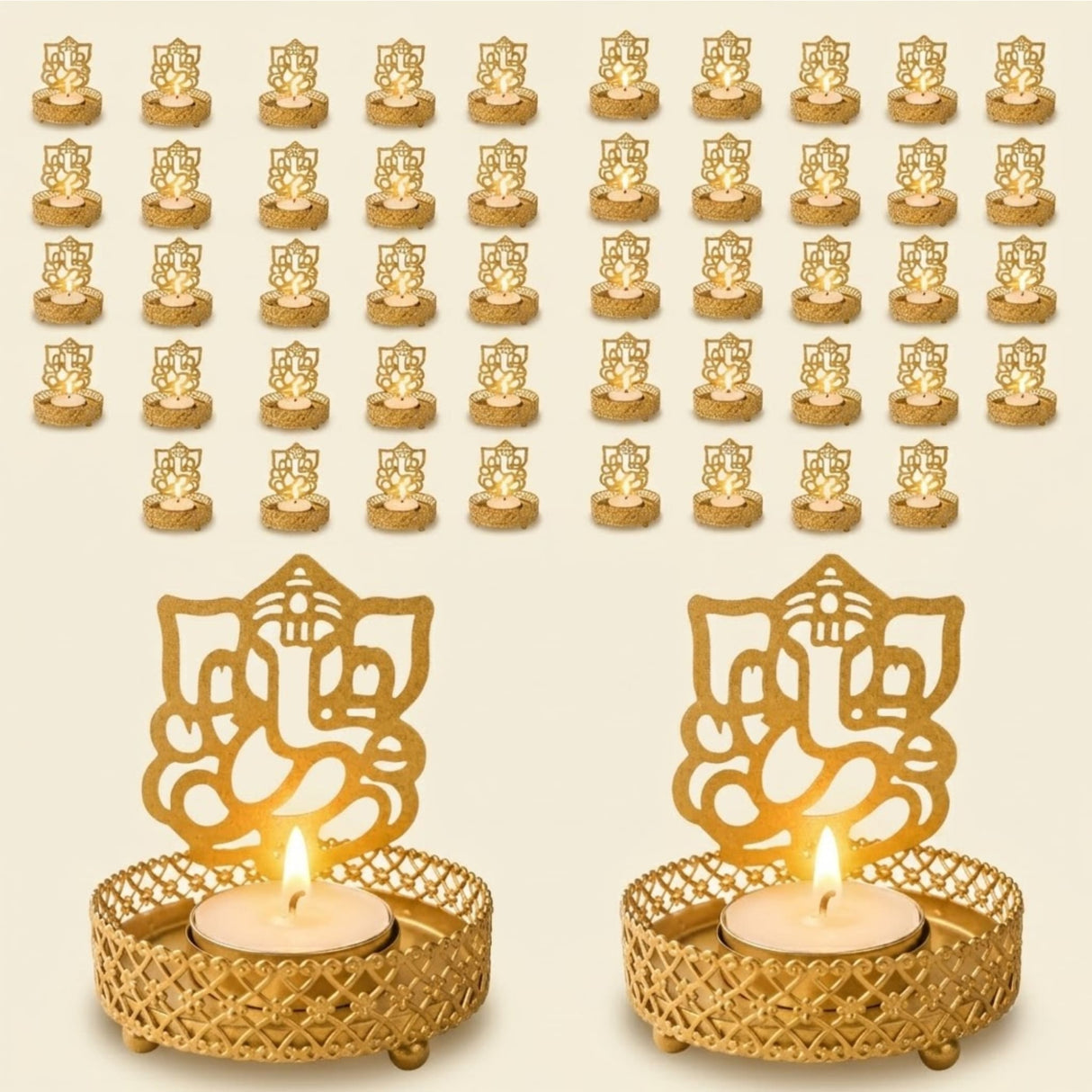 Golden ganesha-themed tea light candle holders with intricate cut-out designs and textured metallic finish for diwali decor