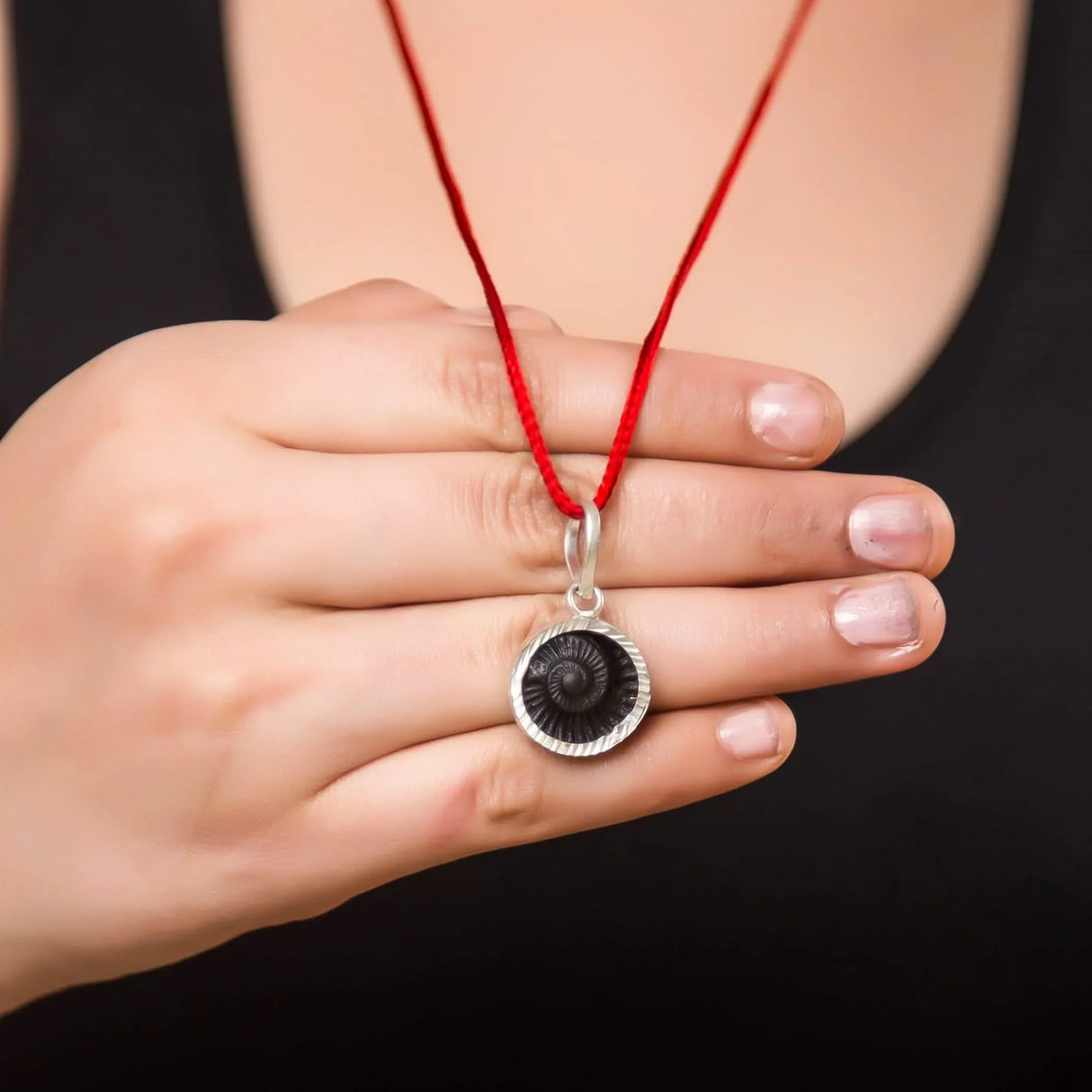 Shaligram Pendant Necklace Natural Sudarshan Silver Plated Pendant Locket from Nepal Gandaki River Chakra Lord Vishnu Energized Certified Saligram Pendant for Blessing & Prosperity (1 Pcs) - LoveNspire