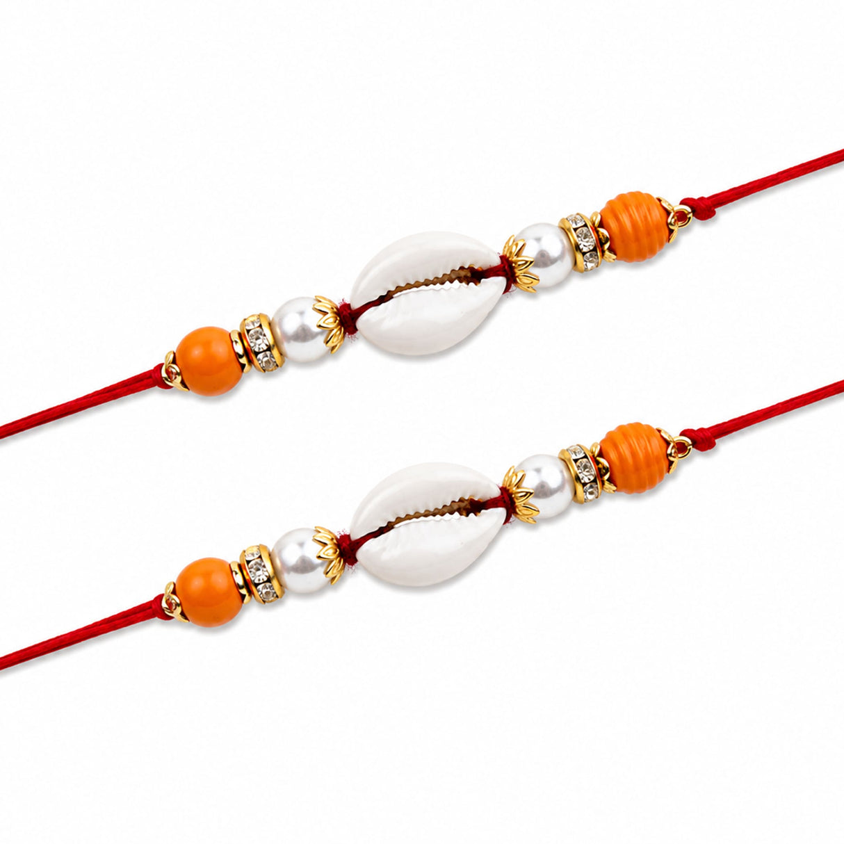 Red thread shell rakhi for brother with white cowrie shells orange beads and pearl accents handcrafted for protection