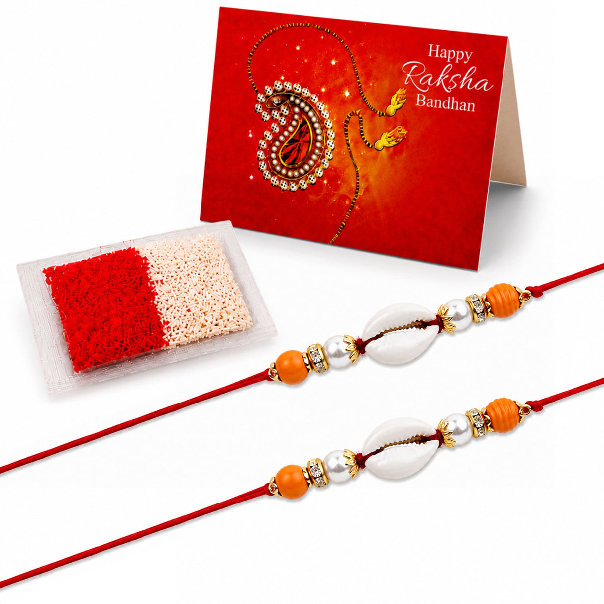 Two red shell rakhi bracelets with orange beads white pearls and gold-toned accents for brother gift protection and luck