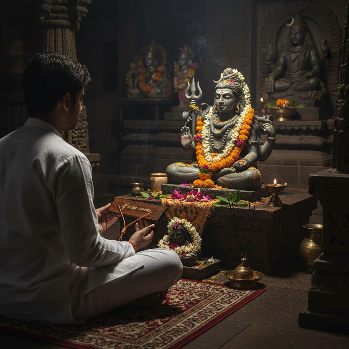 Black Shiva statue with garlands, for Shiv Rudrashtakam pocket book