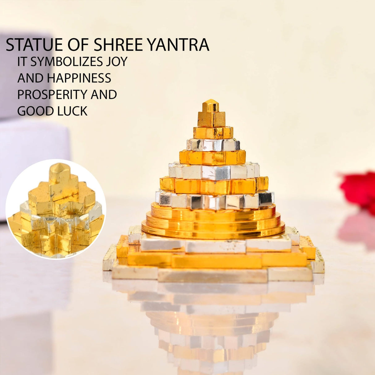Gold and silver Shree Yantra statue for prosperity and spiritual blessings in home or office