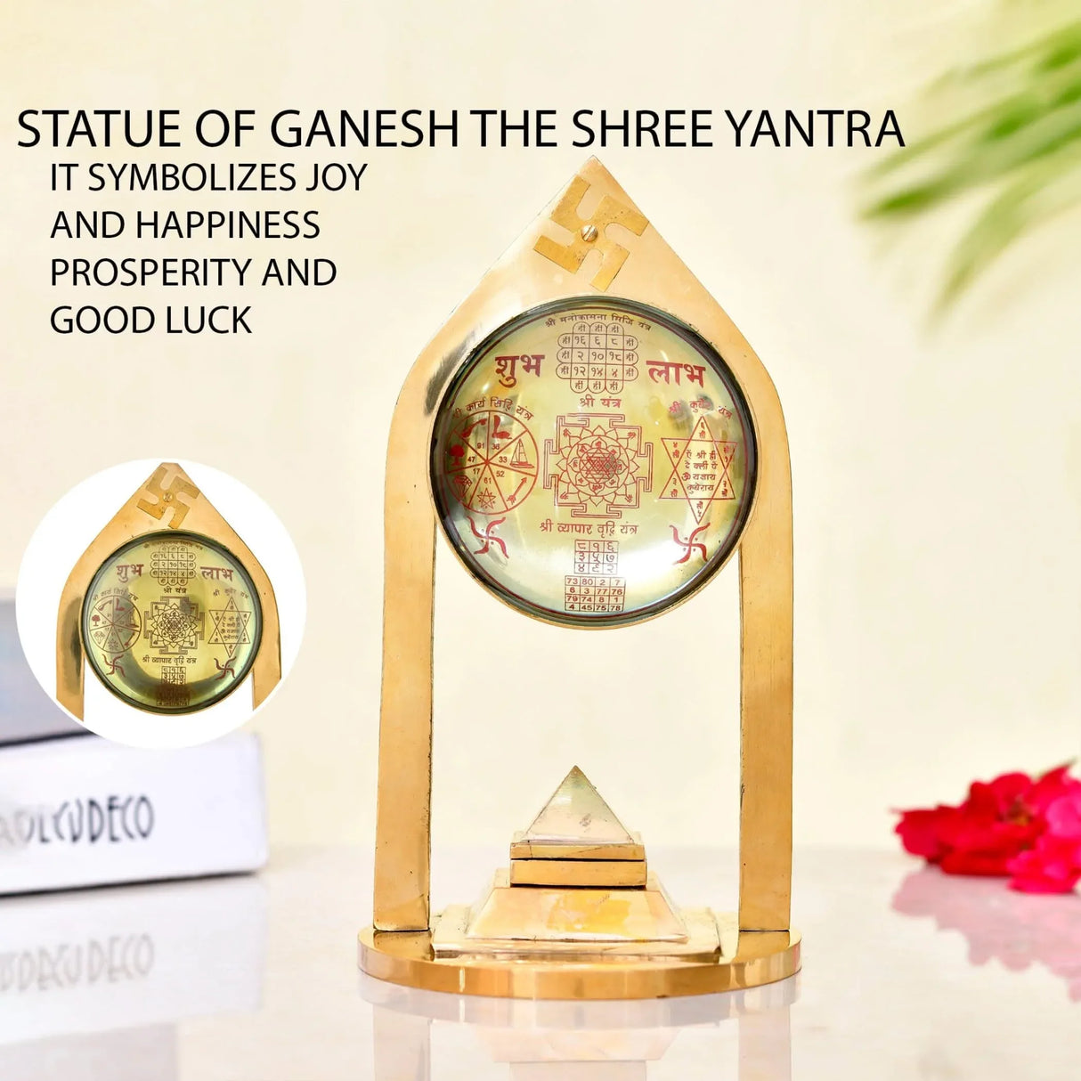 Vastu Pillar Pyramid and Shri Yantra with Magnifying Glass 3 Layer Shree Yantra Wish Pyramid for Good Luck Home Office Decor - Perfect for Meditation Spaces (8 x 4 Inch) - LoveNspire