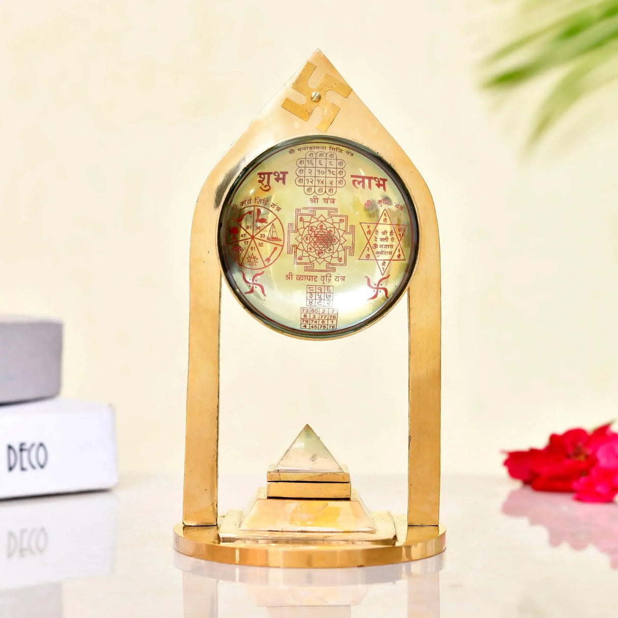 Vastu Pillar Pyramid and Shri Yantra with Magnifying Glass 3 Layer Shree Yantra Wish Pyramid for Good Luck Home Office Decor - Perfect for Meditation Spaces (8 x 4 Inch) - LoveNspire