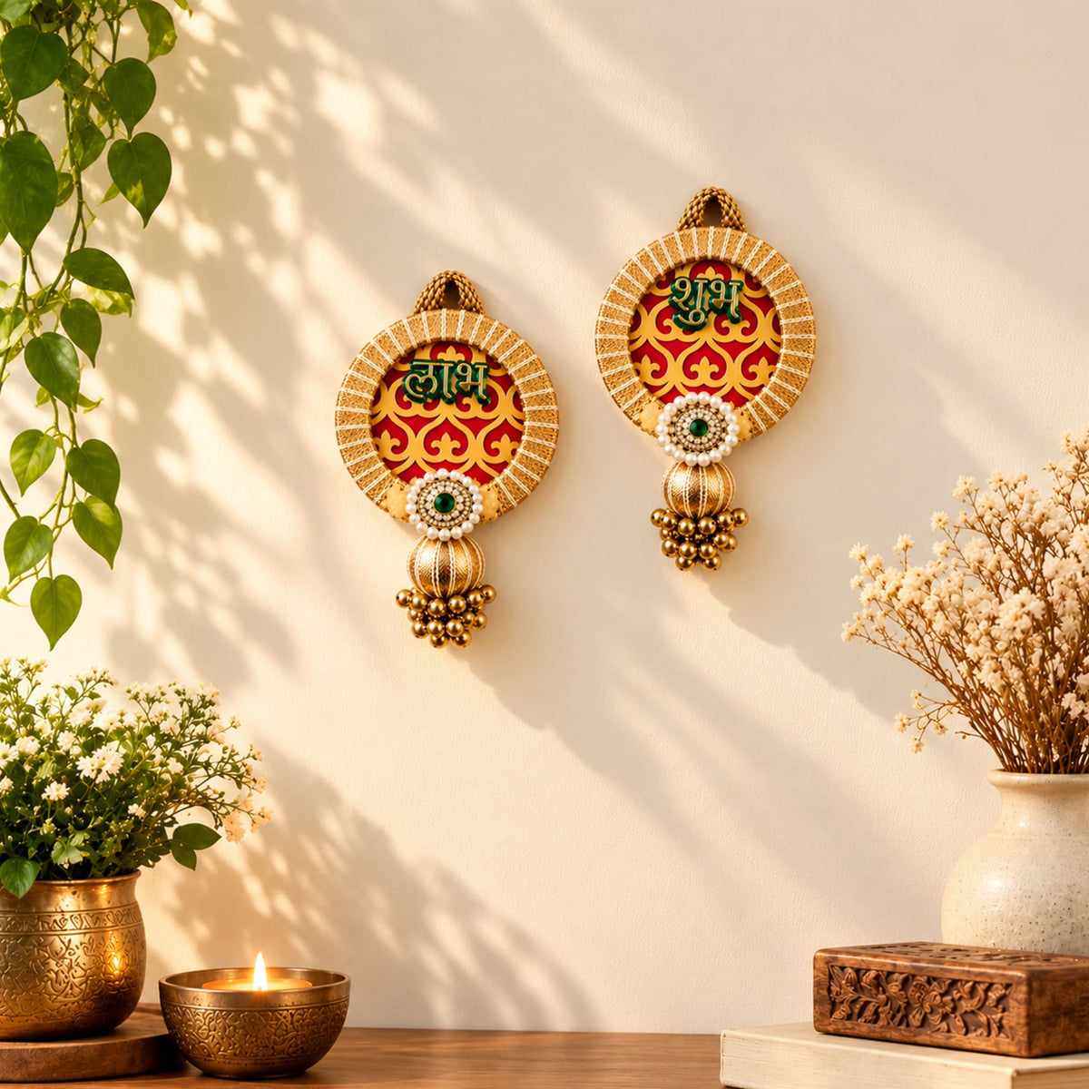 Golden shubh labh hanging decor with red gold patterned center green embroidered text and beaded ornaments for diwali and home decor