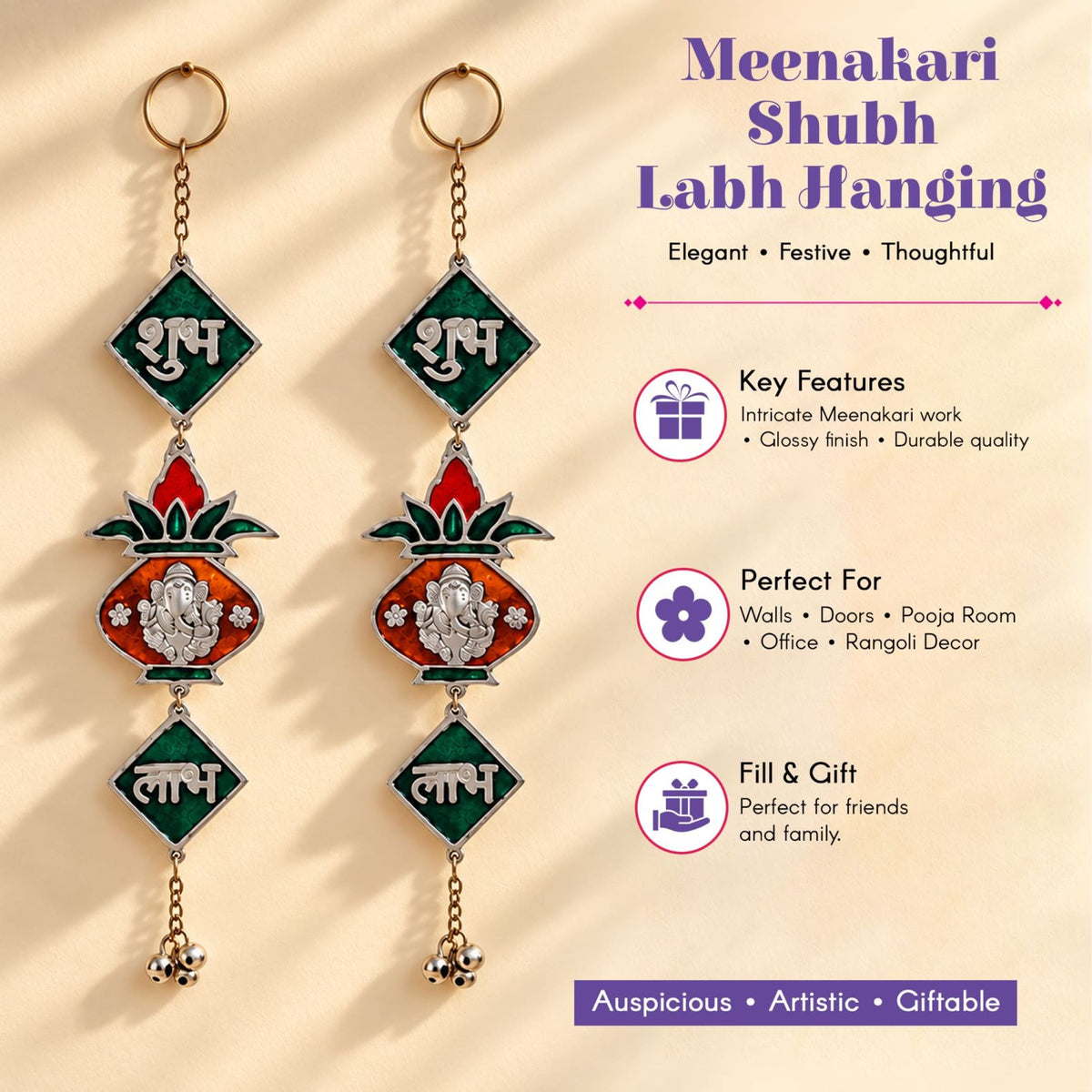 Shubh labh hanging with intricate silver ganesha meenakari design on red and green stained glass for diwali decor
