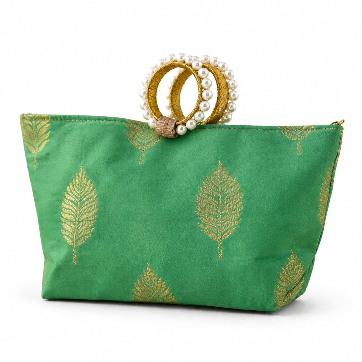 Green satin silk handbag with gold leaf pattern and pearl-adorned golden handle for Eid and wedding favors