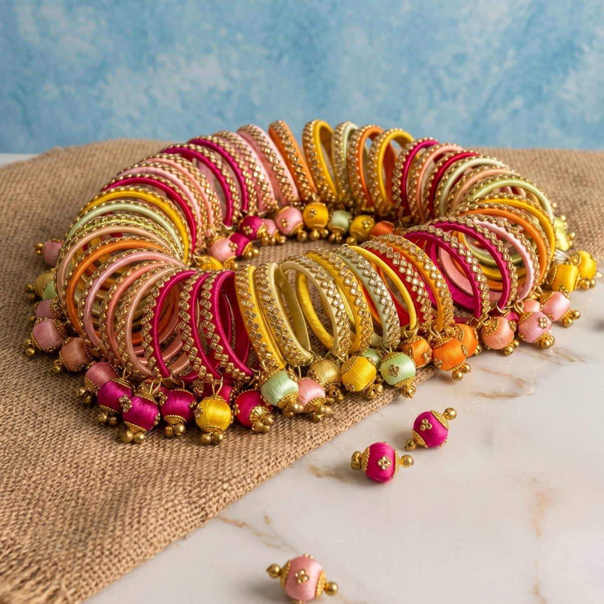 A vibrant collection of silk thread designer kundan bangles in pink yellow orange and gold with metallic designs and beads