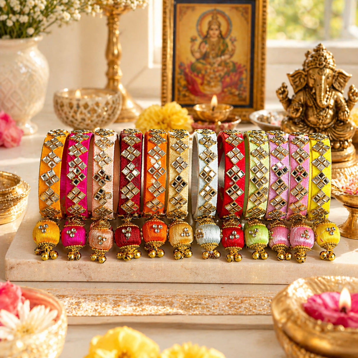 A set of vibrant silk thread bangles in orange pink red and yellow with kundan rhinestones and decorative tassels