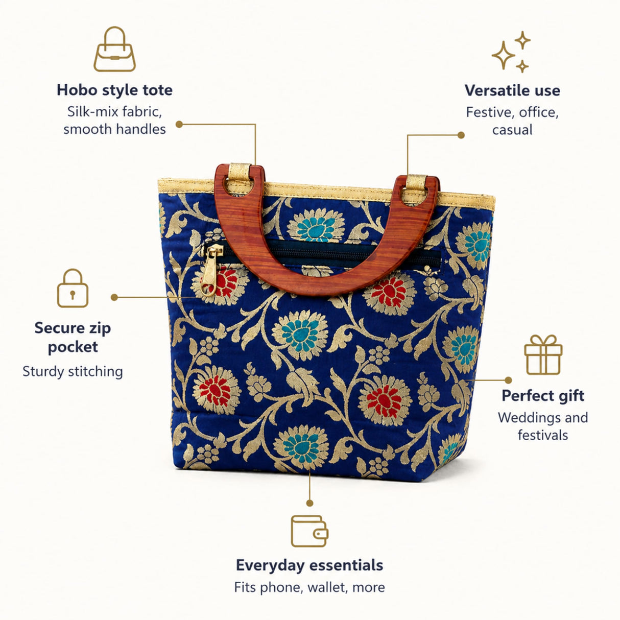 A vibrant blue hobo-style silk-mix tote bag with gold red and teal floral embroidery and wooden handles for festive occasions