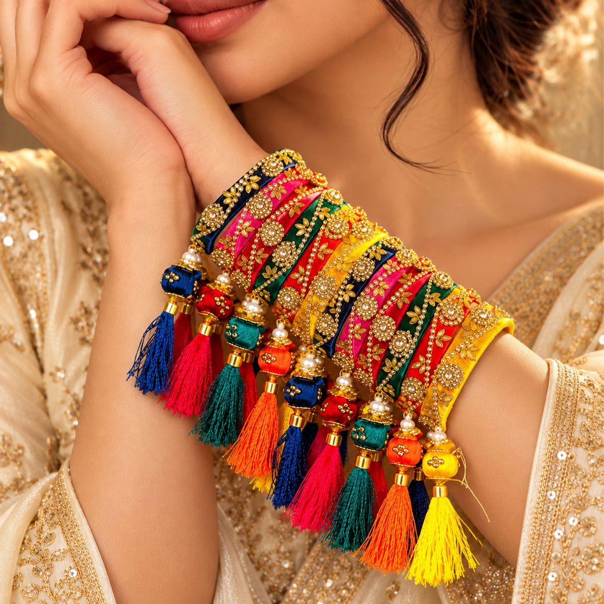 Silk thread bangles set for women featuring vibrant multi colors intricate gold embroidery kundan work and matching tassels