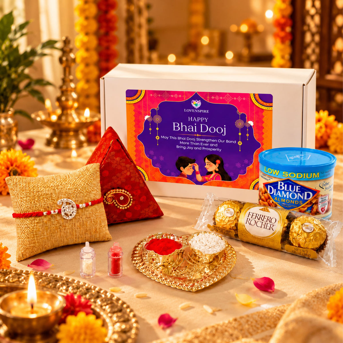 Pure silver bhai dooj gift hamper with red and gold rakhi bracelet, embroidered pillow, chocolates, and traditional items