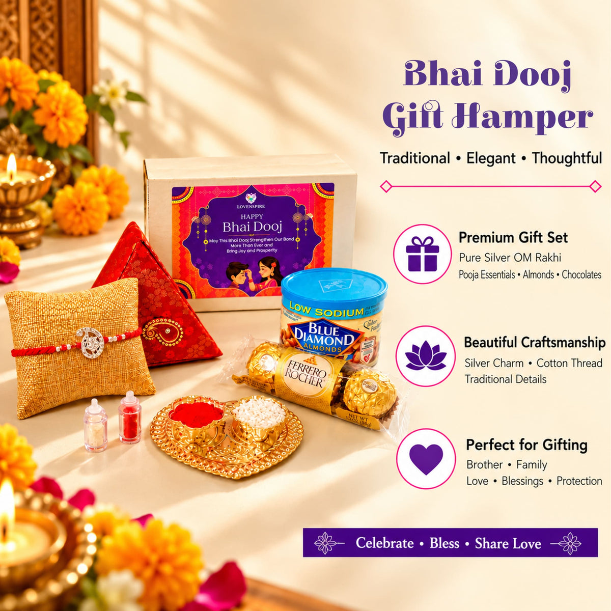 Golden heart-shaped tray holding red and white powders included in pure silver bhai dooj gift hamper for brother