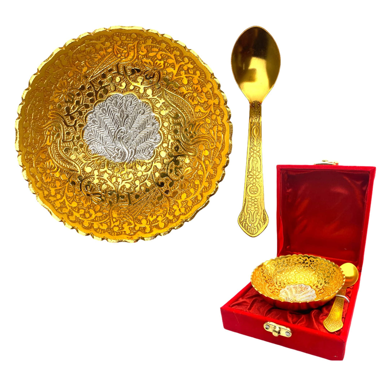 Gold Silver Plated Bowl Spoon Set German Silver Bowl Dry Fruits Dessert Serving Set Diwali Navratri Christmas Eid Wedding Housewarming Return Gifts Puja Favor - Home Decor Corporate Gift - LoveNspire