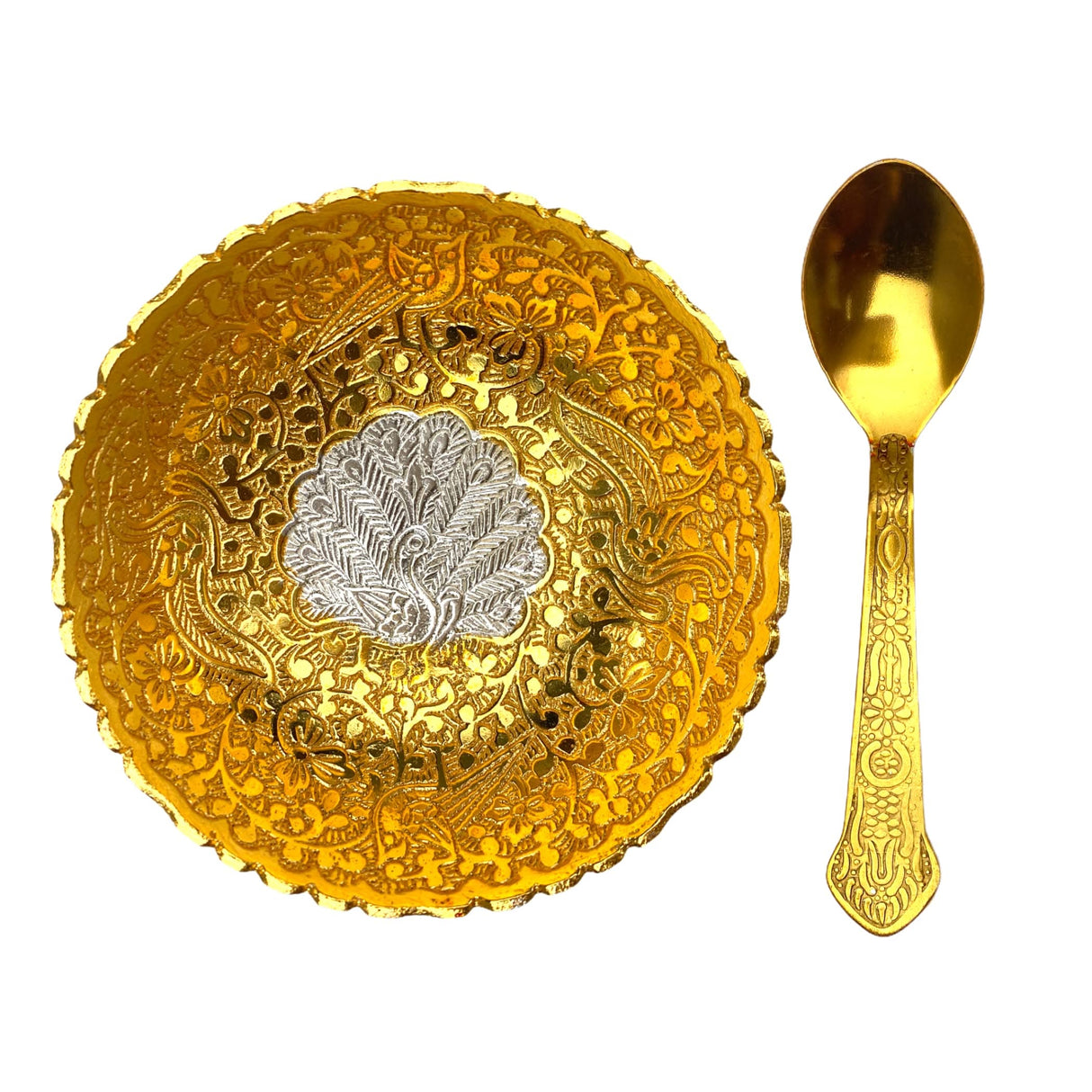 Gold Silver Plated Bowl Spoon Set German Silver Bowl Dry Fruits Dessert Serving Set Diwali Navratri Christmas Eid Wedding Housewarming Return Gifts Puja Favor - Home Decor Corporate Gift - LoveNspire