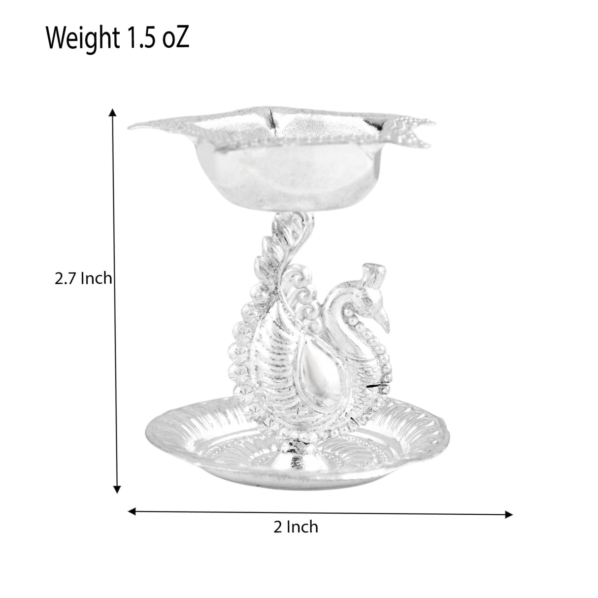 Silver plated peacock diya oil lamp with intricate detailing and reflective finish for home pooja mandir and diwali decor