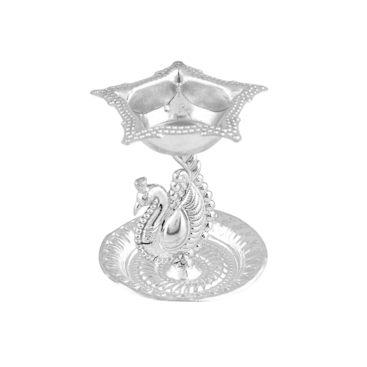 Silver plated peacock diya oil lamp with intricate detailing and star shaped top for home pooja and diwali decor