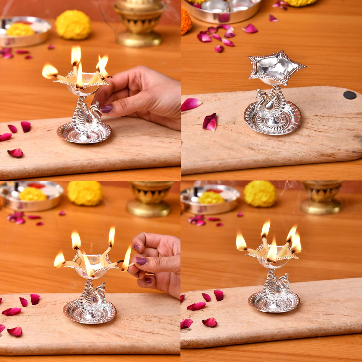 Silver plated peacock diya oil lamp with star cutout top and intricate engraved base for home pooja mandir and diwali decor