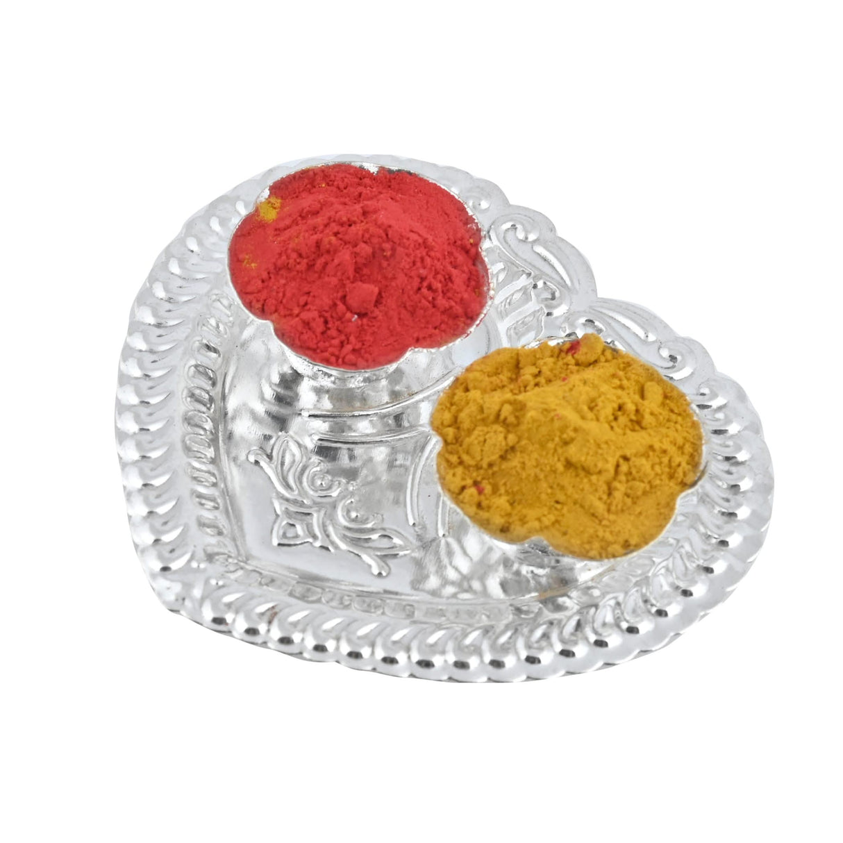 Silver heart-shaped tray with red and yellow powders for Home Temple Decor and Puja